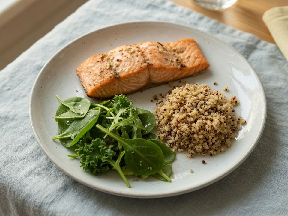 Porção pequena de salmão, quinoa e folhas verdes num prato raso.