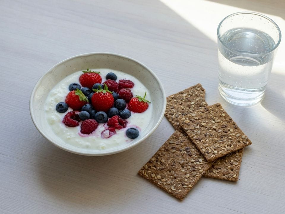 Lanche de iogurte com frutas vermelhas, torradas integrais e um copo de água.