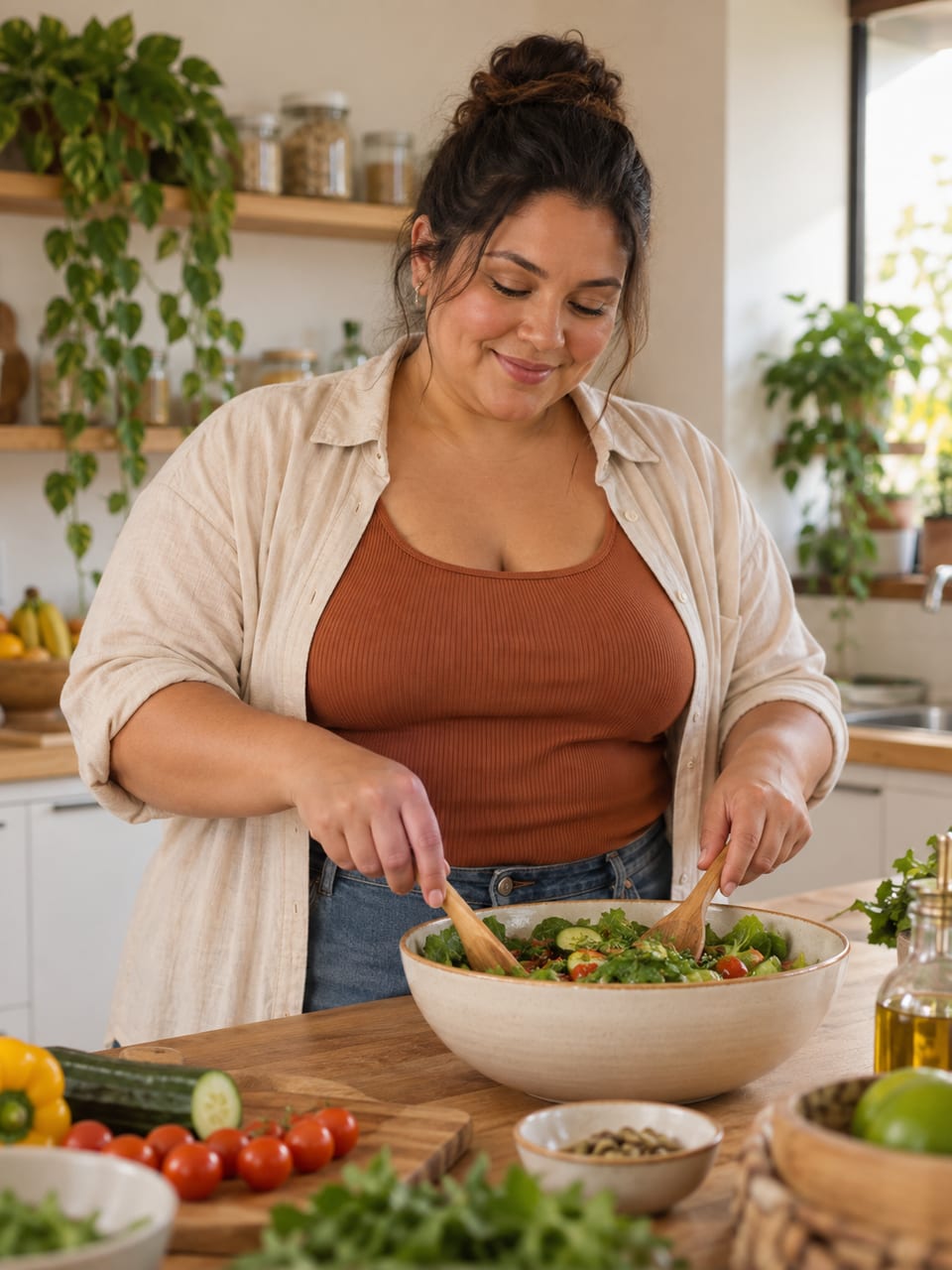 Mulher preparando uma salada numa cozinha de casa, com legumes sobre a bancada.