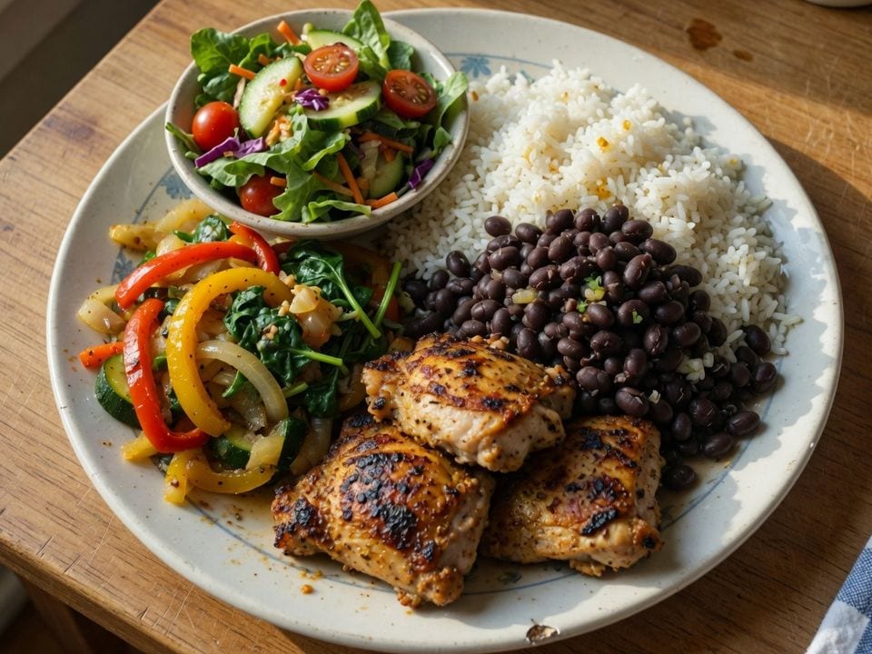 Prato com arroz, feijão-preto, frango grelhado, legumes e salada.