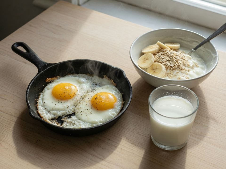 Café da manhã com ovos, iogurte, banana, aveia e um copo de leite.