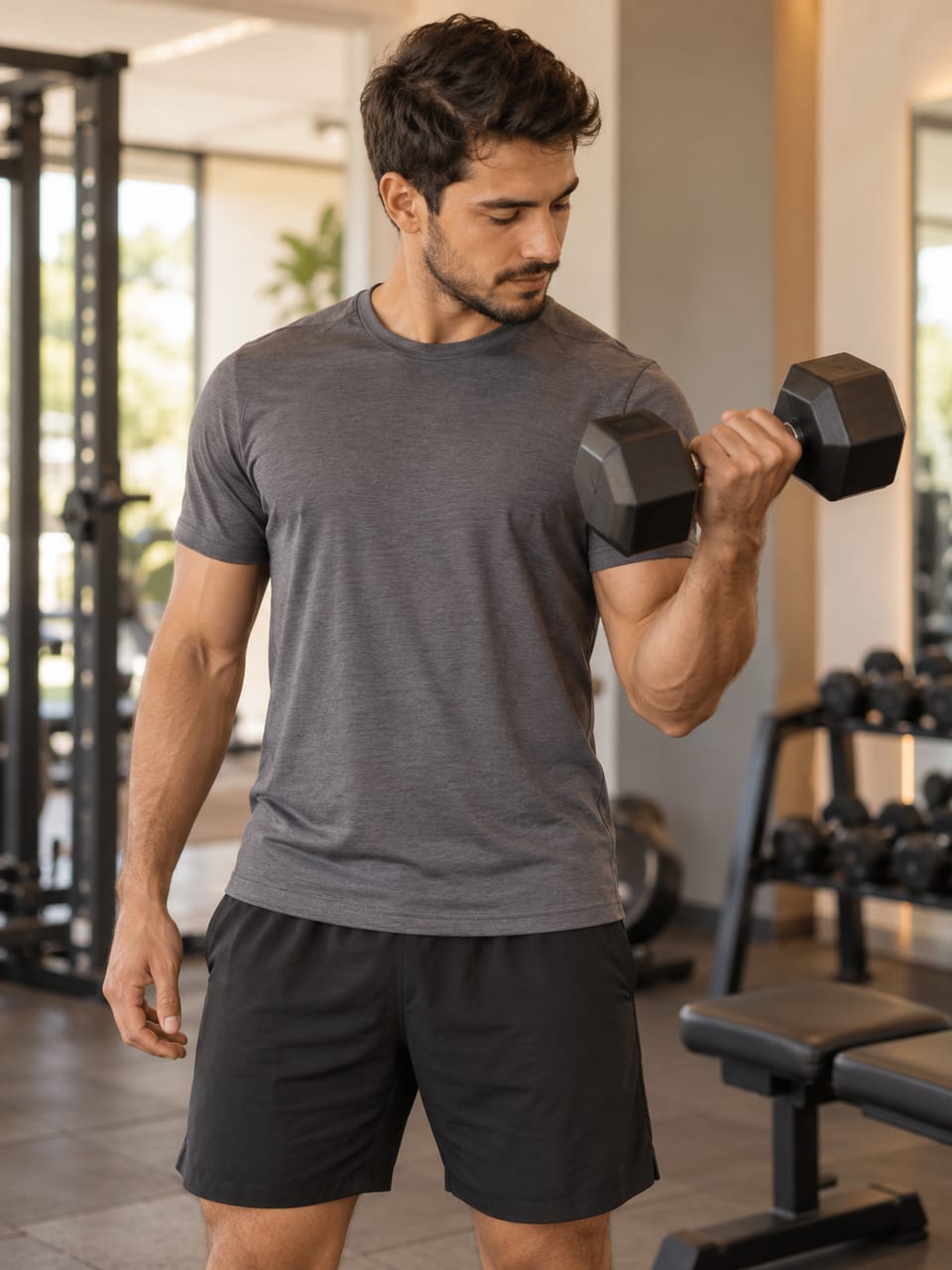 Homem treinando com halter numa academia, em roupa comum de treino.