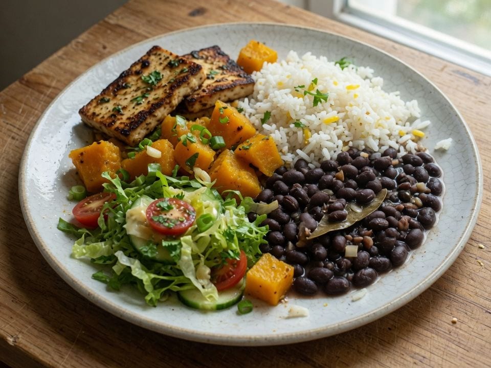 Prato vegetariano com tofu, arroz, feijão-preto, abóbora e salada.