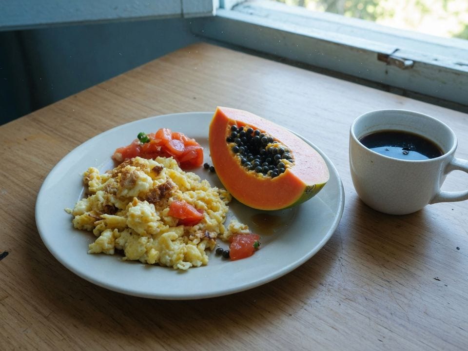 Café da manhã com ovos mexidos, tomate, mamão e café.