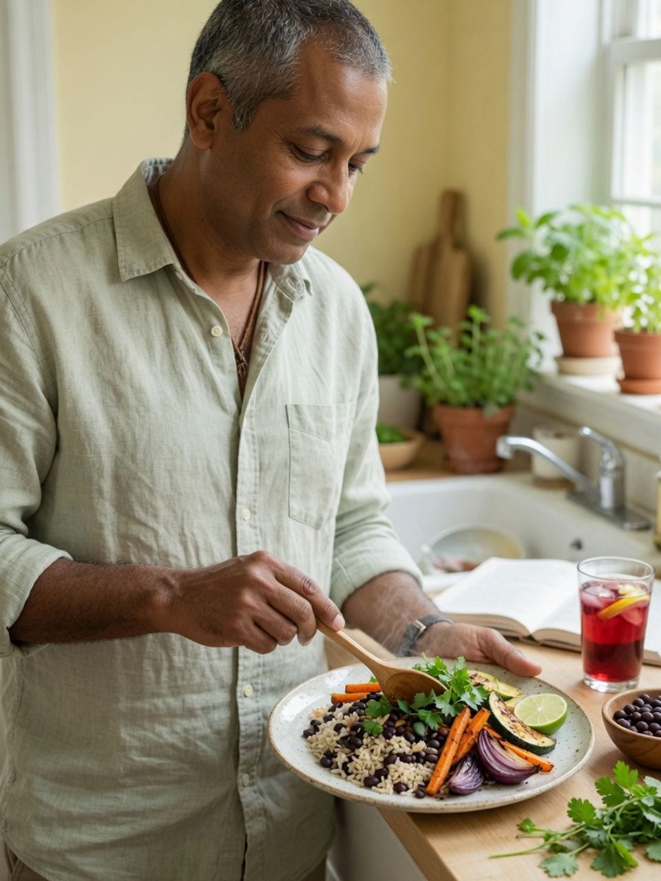 Homem montando um prato de arroz, feijão e legumes assados numa cozinha de casa.
